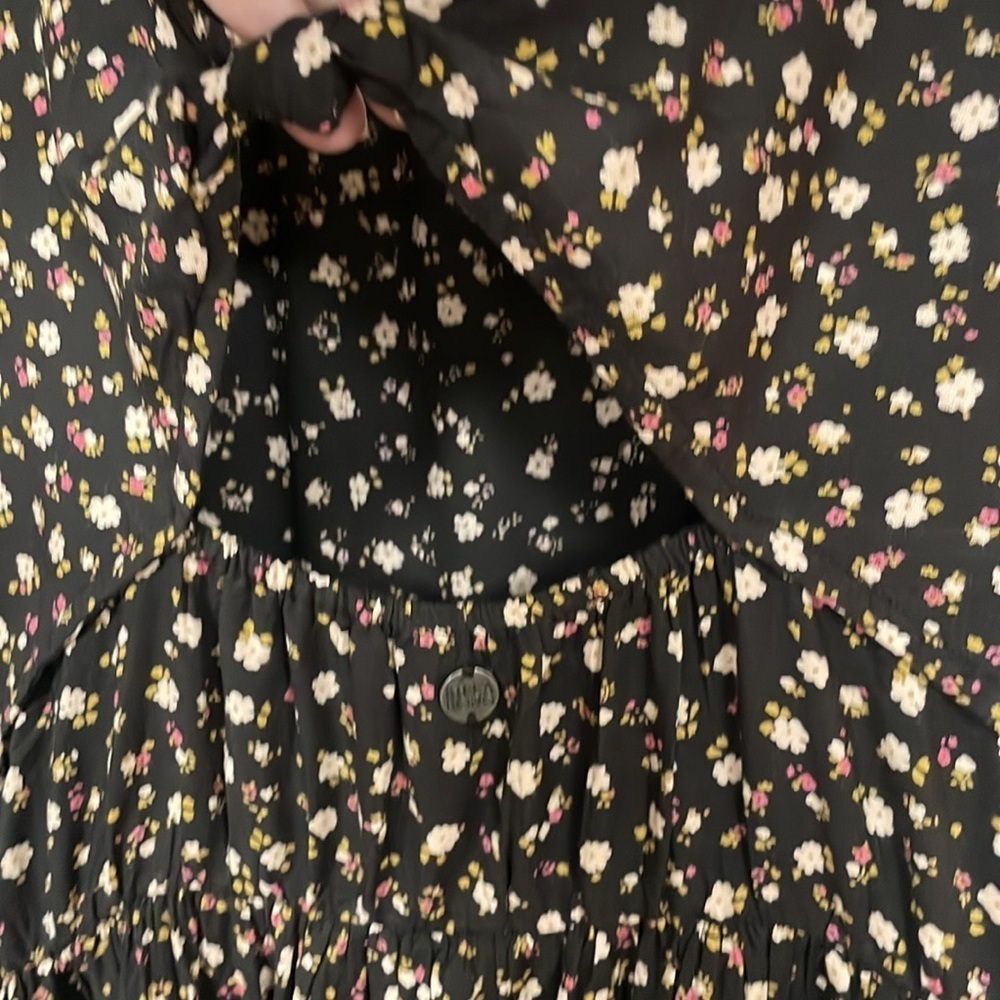Billabong Brown Tiny Floral Print Dress, M,  Cutout back, elastic waist, Rayon - Picture 4 of 9
